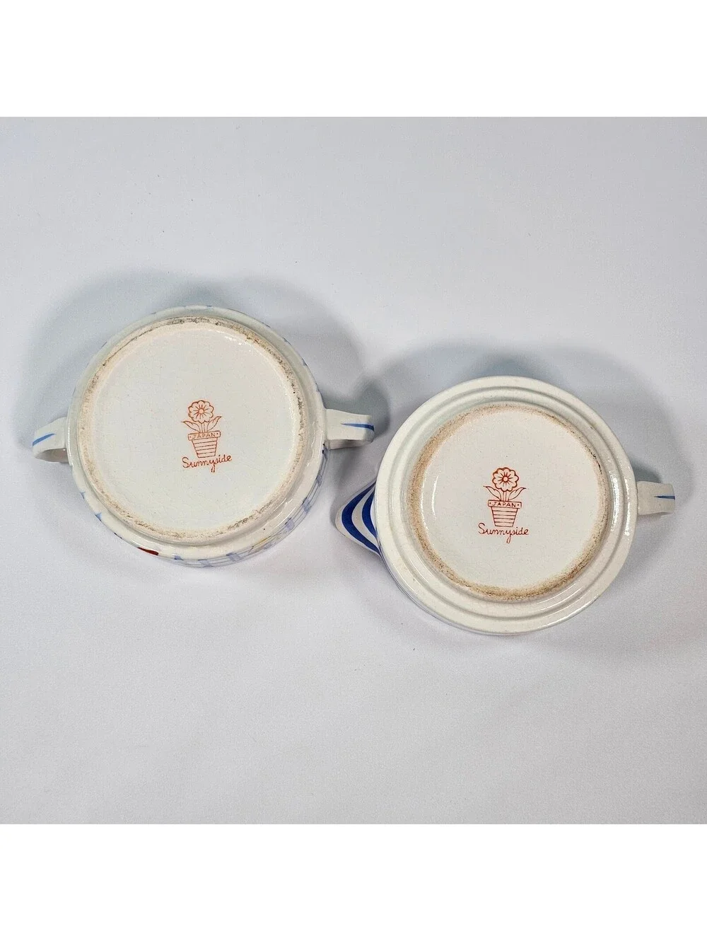 Vintage Sunnyside Japan Sugar Creamer Set Picket Fence Floral Blue White Ceramic